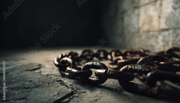 Fototapeta Rusty chains laying on the ground in dark basement environment concept of Halloween  