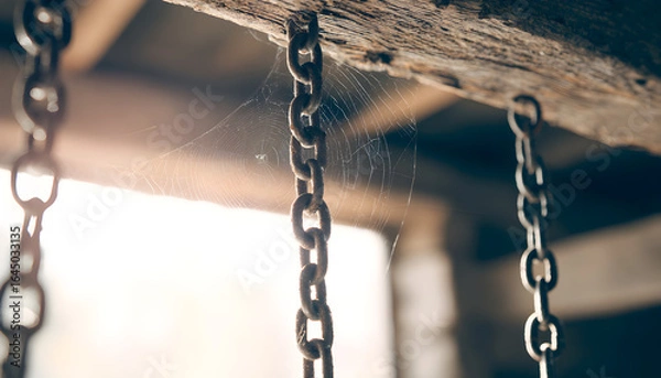 Fototapeta Chains hanging in basement with a spider web nearby  