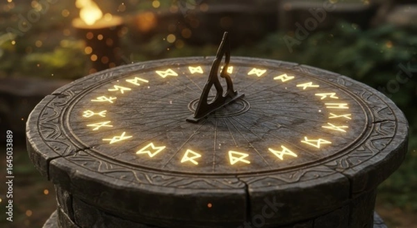 Fototapeta Ancient stone sundial with glowing runic symbols in a mystical garden setting