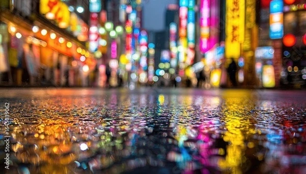 Fototapeta Vibrant neon signs reflect in a rain-slicked street at night, blurring into a colorful, bokeh-filled cityscape