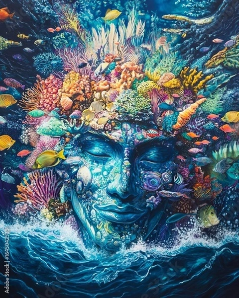 Fototapeta Ocean deity rising from tidal waves coral crown schools of glowing fish