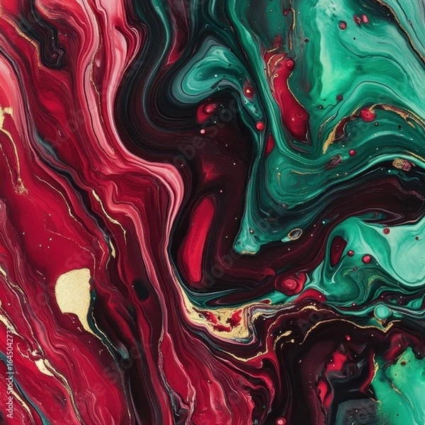 Fototapeta Oil and water fusion creating marbled textures in deep burgundy and emerald luxurious and isolated