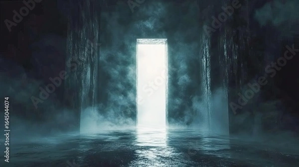 Fototapeta open door floating in a black void light bursting through symbolic opportunity concept cinematic tones ultra clean