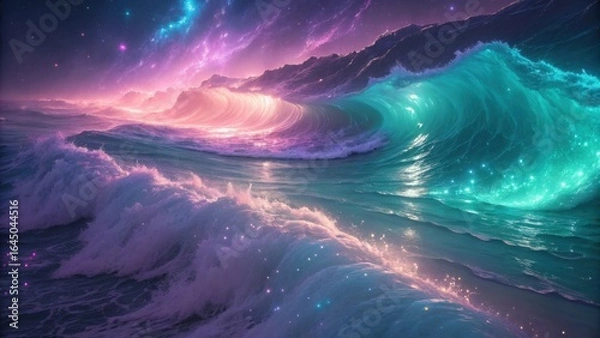 Fototapeta Celestial waves crashing under a vibrant dreamlike sky blending teal and rose hues in an ethereal