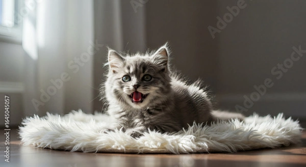 Fototapeta Playful gray kitten resting on a fluffy rug.