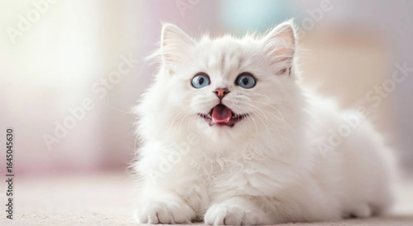Fototapeta Playful white kitten with wide-open eyes and mouth.