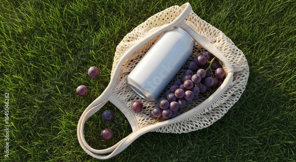Obraz Picnic Scene: Refreshing Drink and Grapes in a Mesh Bag on Green Grass, Summer Picnic with Healthy Snacks and a Drink on Green Grass