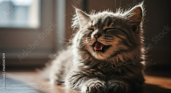 Fototapeta Playful kitten with open mouth, lying on a wooden floor.