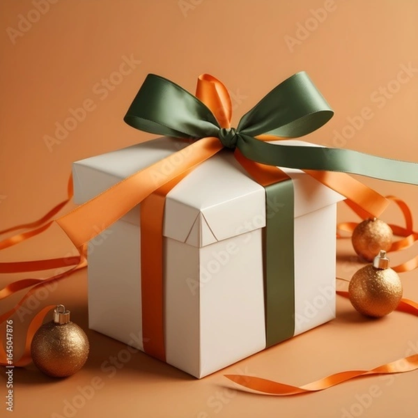 Obraz Festive Holiday Gift: White Box, Emerald Ribbon, and Decor