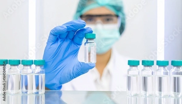 Fototapeta A female scientist in a laboratory conducts a chemical analysis with test tubes and a solution