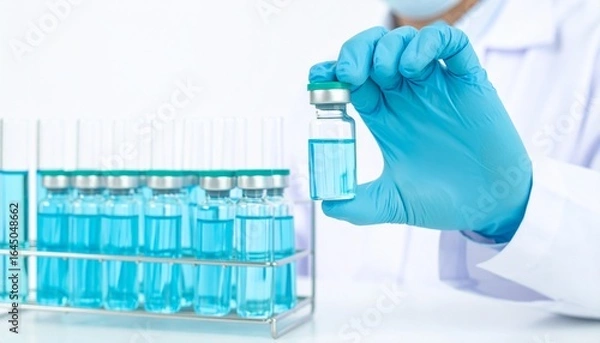 Fototapeta A female scientist in a laboratory conducts a chemical analysis with test tubes and a solution