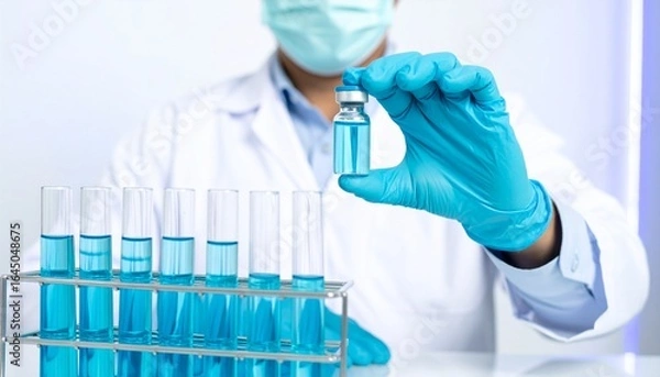 Fototapeta A female scientist in a laboratory conducts a chemical analysis with test tubes and a solution