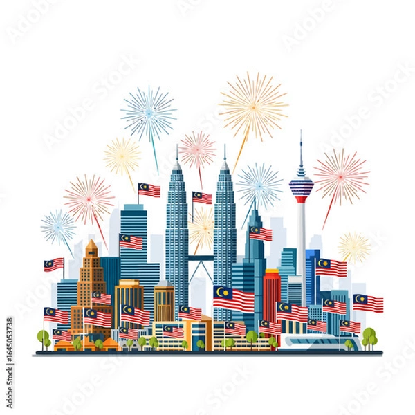 Obraz A festive illustration of the Kuala Lumpur skyline with Petronas Towers, Malaysian flags, and fireworks celebrating a national holiday.