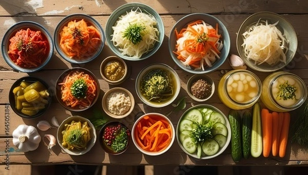 Fototapeta Rustic top view still life of assorted fermented foods — vibrant kimchi, sauerkraut, kombucha, miso paste, and pickled vegetables with fresh herbs and spices on a wooden table, bright natural light.