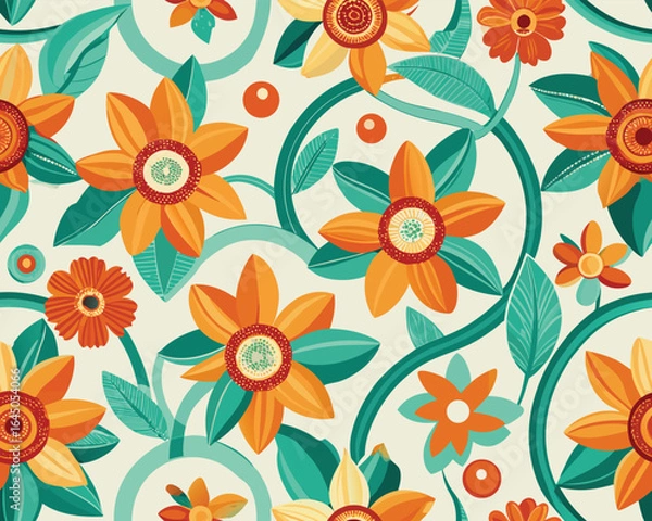 Fototapeta Vibrant stylized orange and blue repeating pattern design