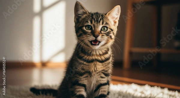 Fototapeta Playful kitten with wide-open mouth.
