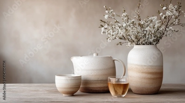 Obraz Elegant Tea Ceremony Setup with Speckled Ceramic Tea Set and Blooming Branches