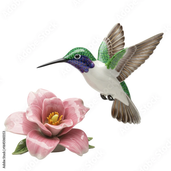 Fototapeta Porcelain figurine of a hummingbird bird flying near a beautiful pink flower statuette