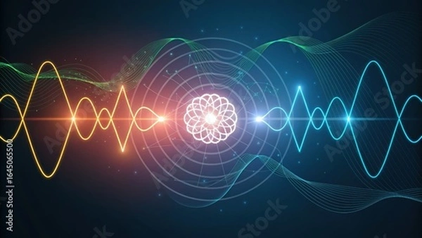 Fototapeta Dancing golden and azure frequencies intertwine around a radiant floral nexus against a dark