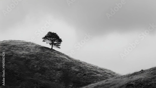 Fototapeta Solitary tree silhouetted against a muted, overcast sky atop a gently sloping hill, rendered in monochrome