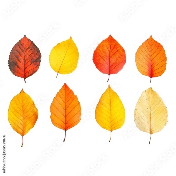 Fototapeta 秋色に染まる様々な形の葉っぱのクローズアップ 白背景に配置された鮮やかな色合い
