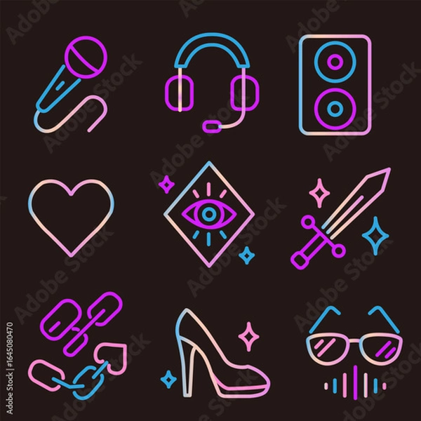 Fototapeta Neon outline icon set with microphone, headset, speaker, heart, magic charm, sword, chain, high heels, sunglasses, and sound wave. Ideal for music, fantasy, and concert designs.