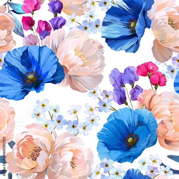 Fototapeta Pattern with peonies, forget-me-nots, poppy, anemone and sweet pea. Vector floral pattern with summer flowers and peonies. For paper, fabric, packaging and interior design.