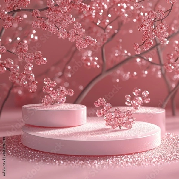 Obraz Elegant pink pedestals surrounded by sparkling cherry blossom elements create a dreamy setting suitable for product showcases or artistic displays with a soft, whimsical atmosphere