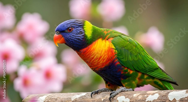 Fototapeta A vibrant rainbow lorikeet perched on a branch amidst a soft floral backdrop, showcasing its iridescent plumage and adding a touch of exotic beauty to a serene outdoor setting