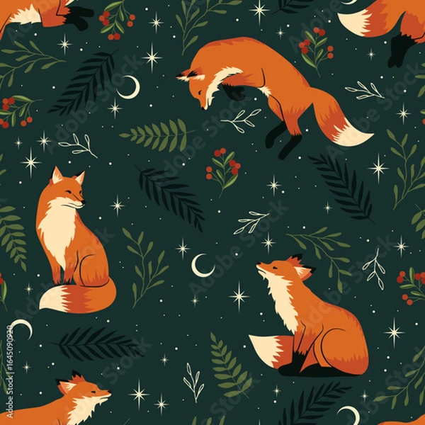 Fototapeta Seamless woodland pattern with fox, moon and floral elements. Forest animal ornate illustration on a dark background. Autumn wallpaper.
