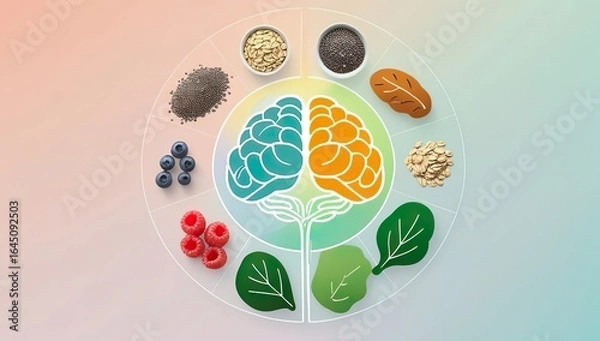 Fototapeta High-resolution 4K vector of fibre-rich foods forming a circular composition around glowing brain and gut illustration, soft pastel gradient, clean flat shapes, modern nutrition and wellness style.
