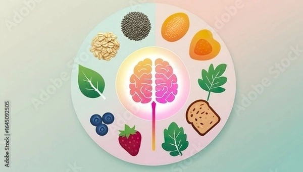 Fototapeta Modern flat vector concept of fibremaxxing diet, balanced arrangement of oats, lentils, leafy greens, berries, chia seeds, wholegrain bread encircling simplified brain, gut icons, pastel wellness view