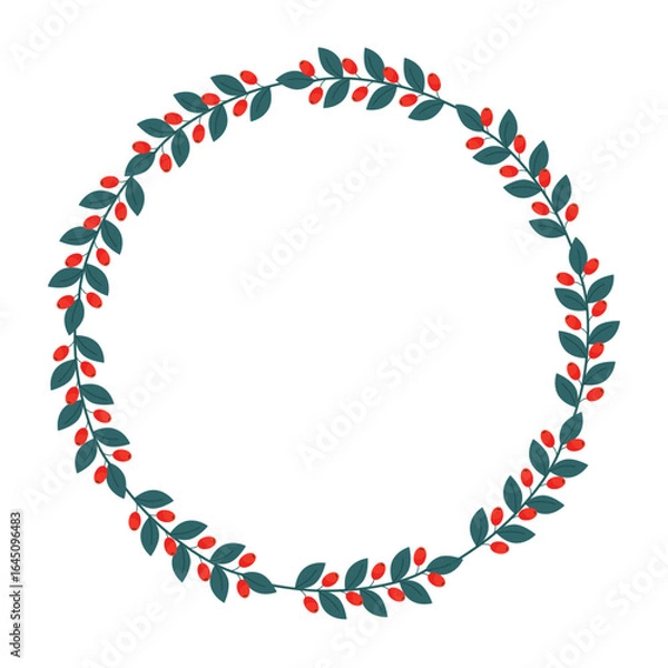 Fototapeta Autumn wreath of red berries and green twigs with leaves. Vector round frame for making postcards, invitations and seasonal decor.