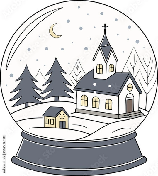 Fototapeta A whimsical cartoon illustration of a fairytale castle and a cozy house in a snowy medieval village