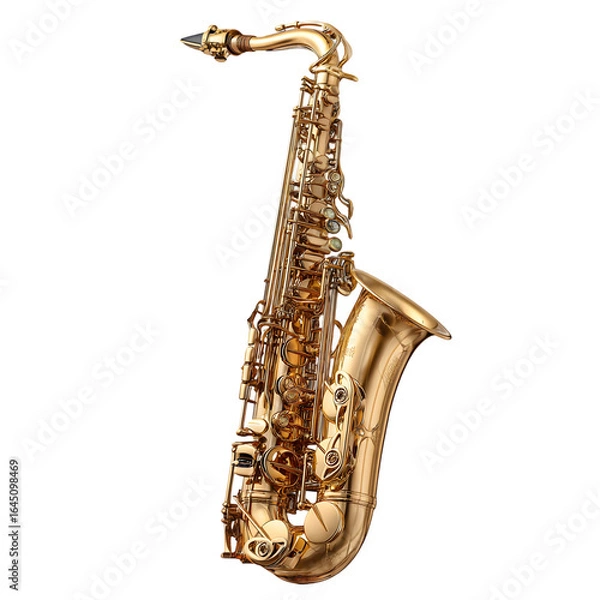 Fototapeta A classic golden saxophone, a brass musical instrument commonly used in jazz and classical music, isolated on a transparent background, ready for performance or practice