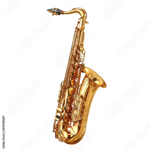 Fototapeta A gleaming golden saxophone, a classic brass musical instrument, isolated on a clean transparent background, symbolizing jazz, music, and performance