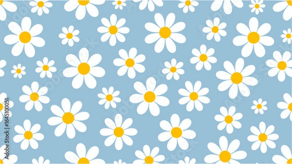 Fototapeta Seamless pattern of white daisies with yellow centers on a light blue background evenly distributed design