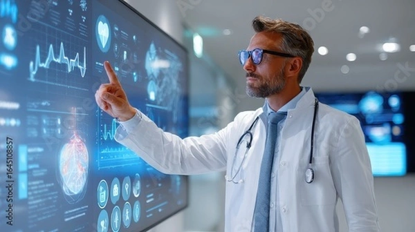 Fototapeta Doctor Analyzing Medical Data on a Large Screen Display in Hospital