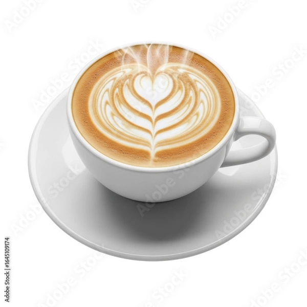 Fototapeta Pristine glossy white ceramic cup with matching saucer, filled with steaming hot latte showcasing intricate heart-shaped latte art, isolated on a transparent studio background, high-angle view,