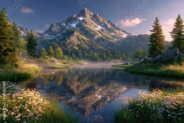 Fototapeta Serene Mountain Lake with Lush Greenery and Majestic Peaks Reflecting in the Calm Water
