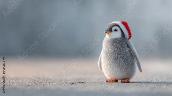 Obraz cute penguin wearing santa claus hat stands cheerfully on clean monochromatic background