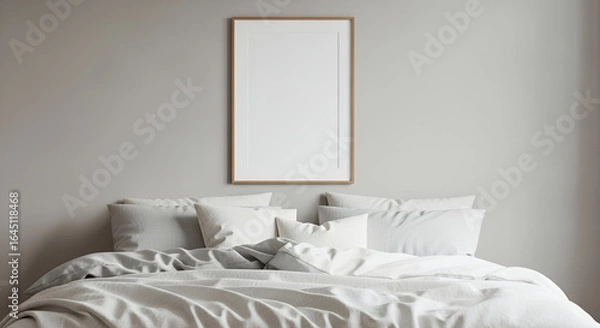 Fototapeta Empty poster frame surrounded by fairy lights on a bedroom wall. template mockup