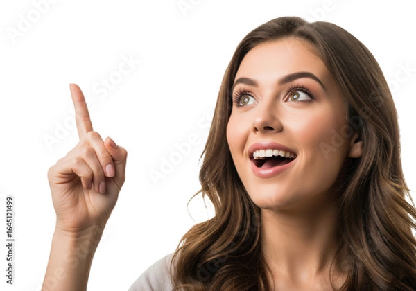 Fototapeta Happy woman with a sudden idea pointing up isolated on a transparent background


