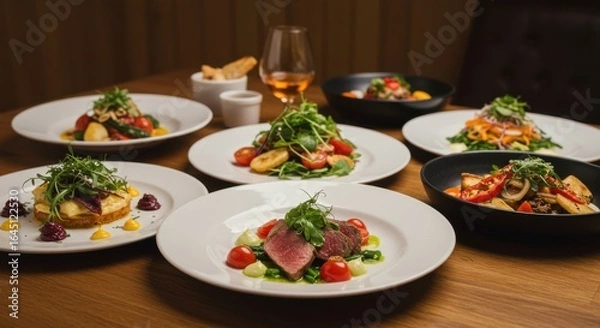 Obraz Fine Dining Food Presentation with Delicious Dishes on Plates