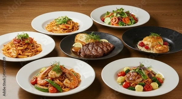 Fototapeta Assorted Food Dishes on Table for Dinner Party or Restaurant Menu