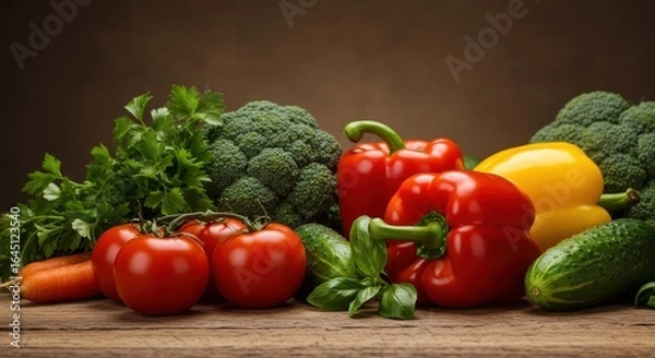 Fototapeta Fresh Vegetables Still Life Arrangement on Rustic Wooden Surface