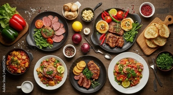 Obraz Varied Food Dishes on a Wooden Table Overhead Shot
