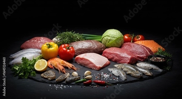 Fototapeta Assorted Meats and Seafood with Vegetables on Slate Platter