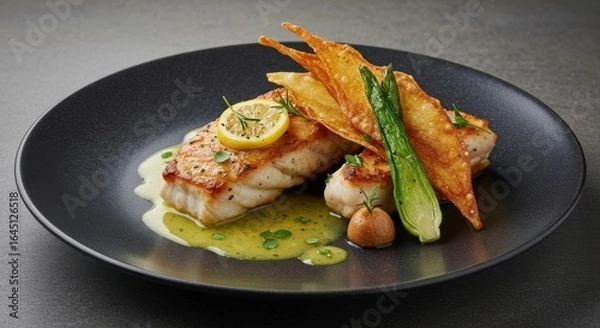 Fototapeta Seared Fish Fillet with Crispy Wonton and Lemon Garnish on Dark Plate