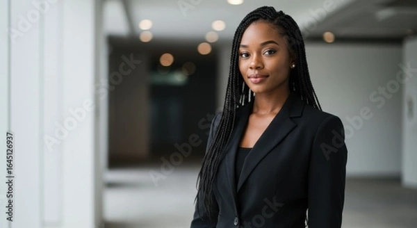 Fototapeta Professional Woman Posing in Black Suit with Braids